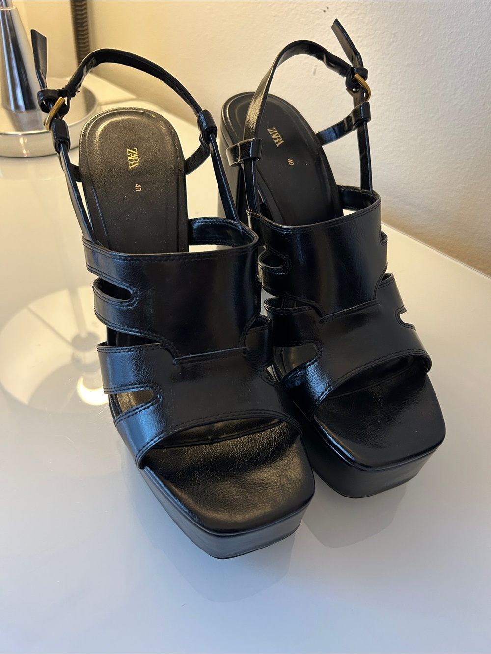 Zara Black Leather Platform Slingback Heels